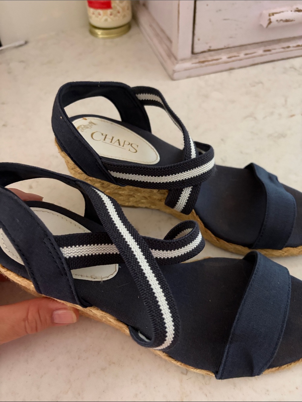 Chaps Navy and White Striped Espadrille Wedge Sandals